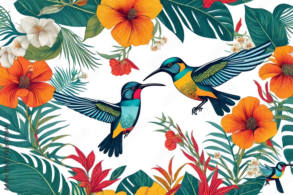 portrait of bird on a branch with flowers generated by AI tool portrait of bird on a branch with flowers generated by AI tool