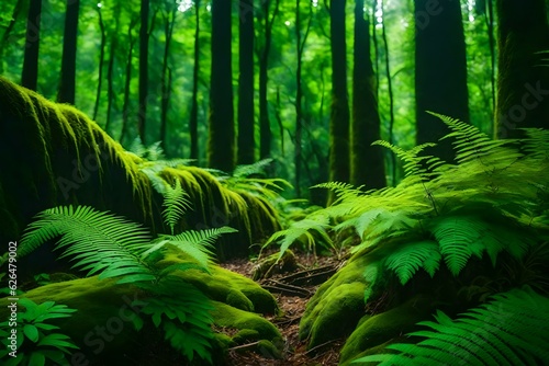 Green moss and ferns in Tropical forest generated by AI tool