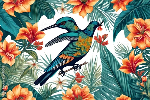 portrait of bird on a branch with flowers generated by AI tool