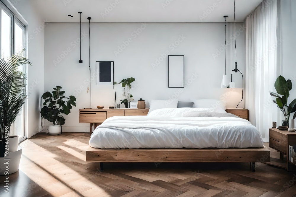 Fototapeta premium Minimalist bright bedroom features a low wooden platform bed against a white wall for home staging.