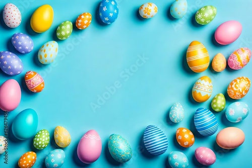 Colorful Easter egg on blue background generated by AI tool