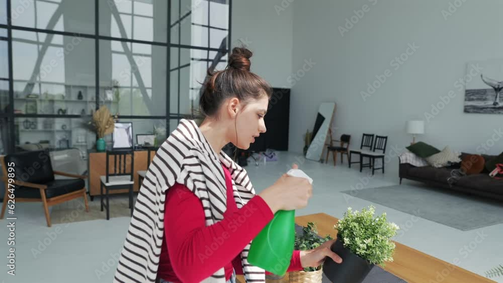 The camera moves around the girl as she sprays water on the plants. The camera moves around the girl as she sprays water on the plants.