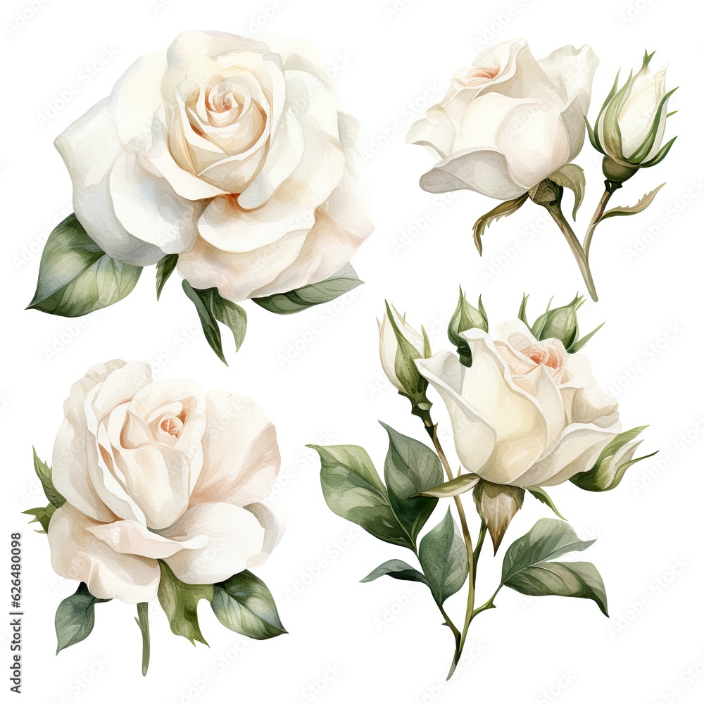 Watercolor floral bouquet illustration set - white flower green leaf leaves branches bouquets collection.