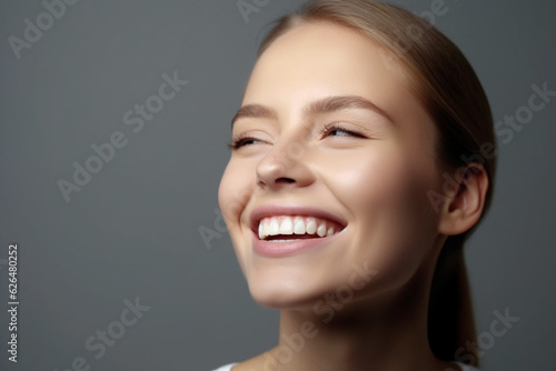 Woman showing white teeth on grey background