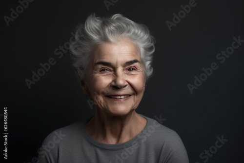 Happy old woman on grey background