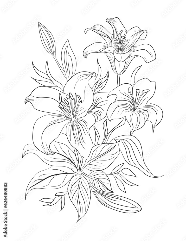 Obraz premium Floral coloring page, flower line art illustration