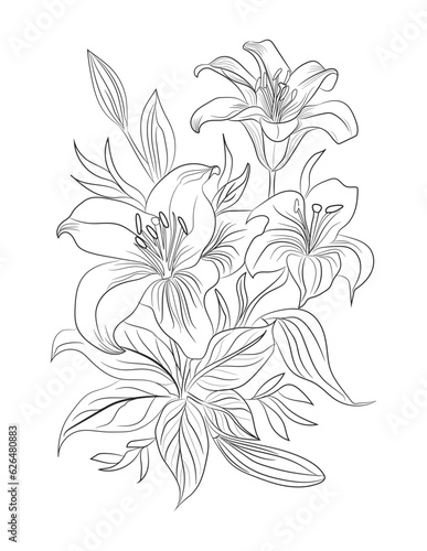 Floral coloring page  flower line art illustration