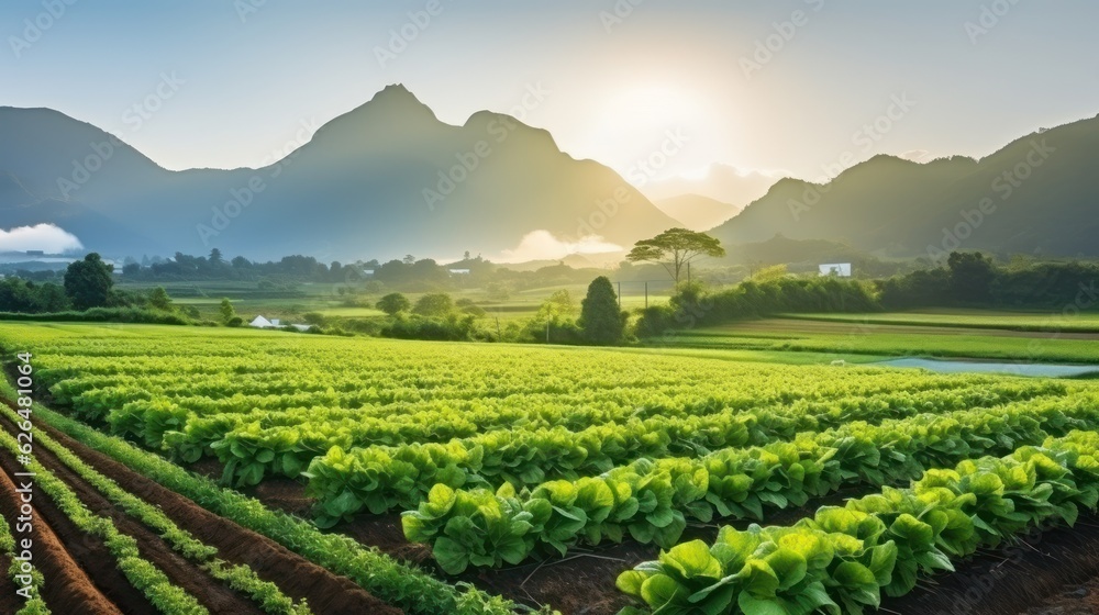 Agricultural industry. Growing salad lettuce on field. Generative Ai. Agricultural industry. Growing salad lettuce on field. Generative Ai.
