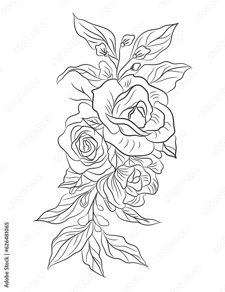 Floral coloring page, flower line art illustration