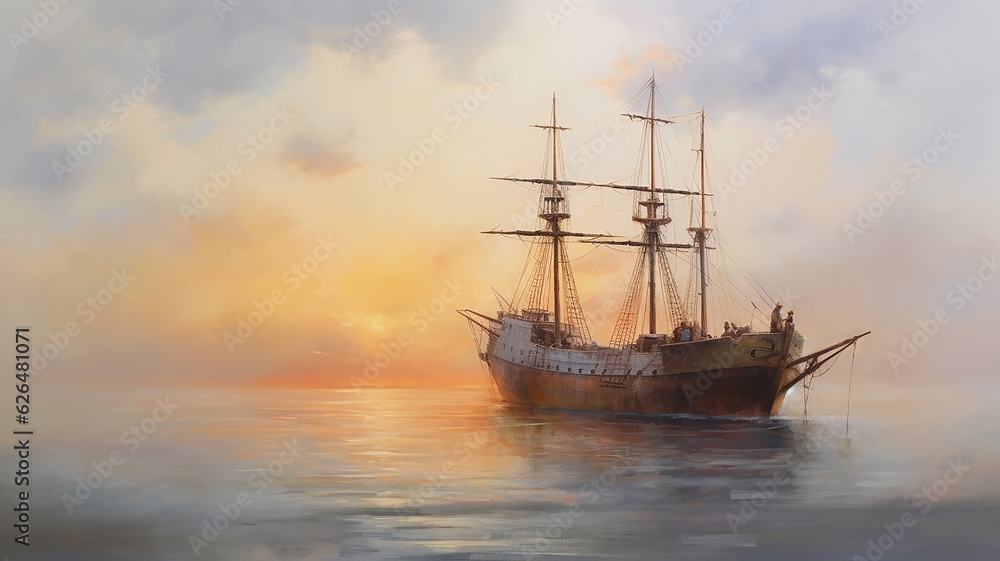brigantine ship sailboat seascape drawing art.