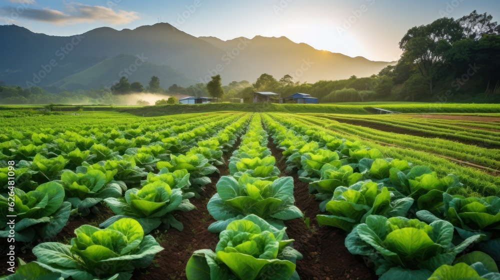 Agricultural industry. Growing salad lettuce on field. Generative Ai.