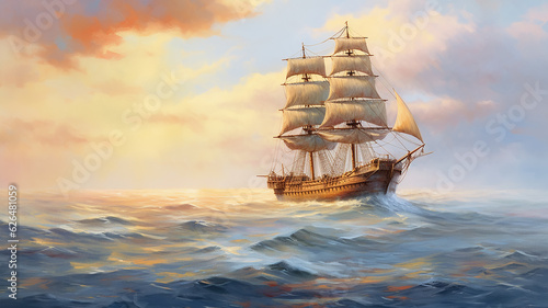 Print op canvas brigantine ship sailboat seascape drawing art.