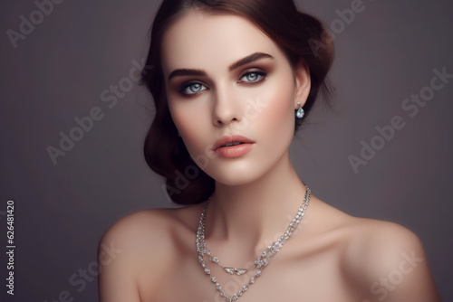 beautiful woman with jewelry on grey background