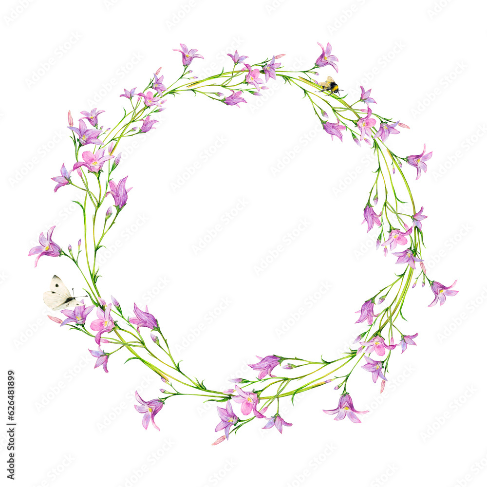 Field bells round frame with bee and butterfly hand-painted. Watercolor illustration of delicate flowers on white background. Meadow wildflowers for textile, photoframe, logo, cards. Floral