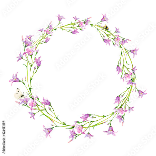 Field bells round frame with bee and butterfly hand-painted. Watercolor illustration of delicate flowers on white background. Meadow wildflowers for textile, photoframe, logo, cards. Floral