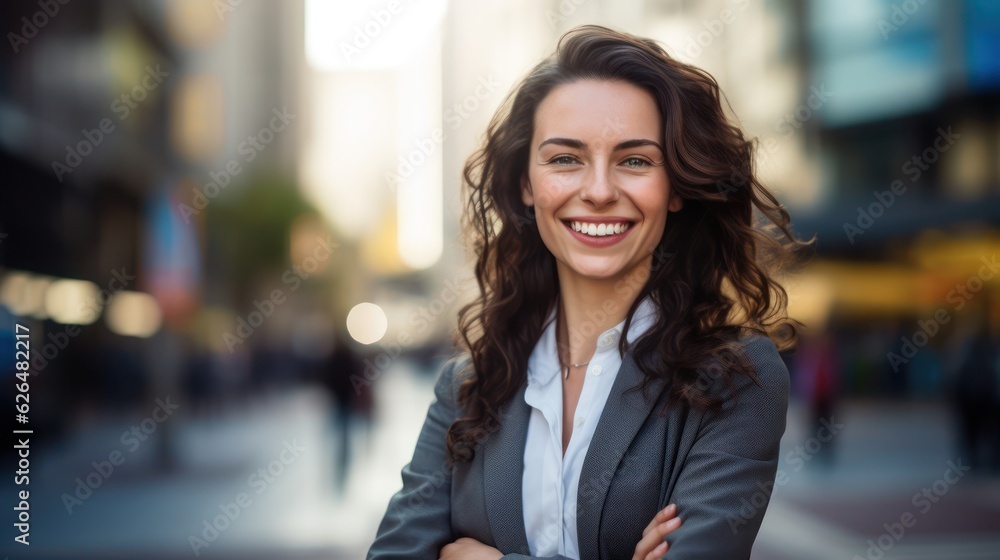 Naklejka premium Young confident smiling business woman standing on busy street, portrait. Proud successful female entrepreneur wearing suit posing with arms crossed look at camera in big city outdoors. Generative Ai