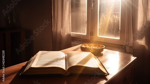 Bible, Shining Holy Bible on the wooden table. Generative Ai