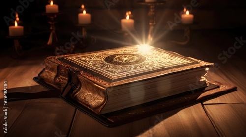 Bible, Shining Holy Bible on the wooden table. Generative Ai