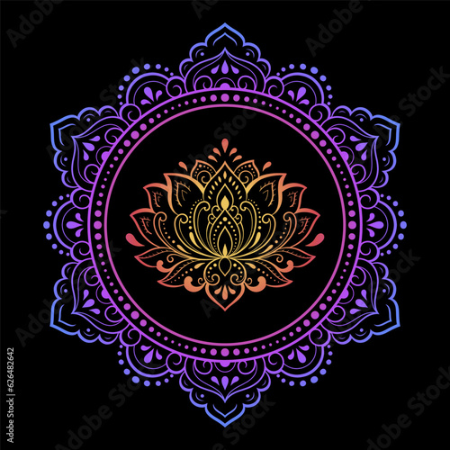 Circular pattern in form of mandala with lotus flower for Henna, Mehndi, tattoo, decoration. Decorative ornament in ethnic oriental style. Rainbow pattern on black background.