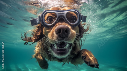 a freediver dog dives in clear water in summer. © kichigin19