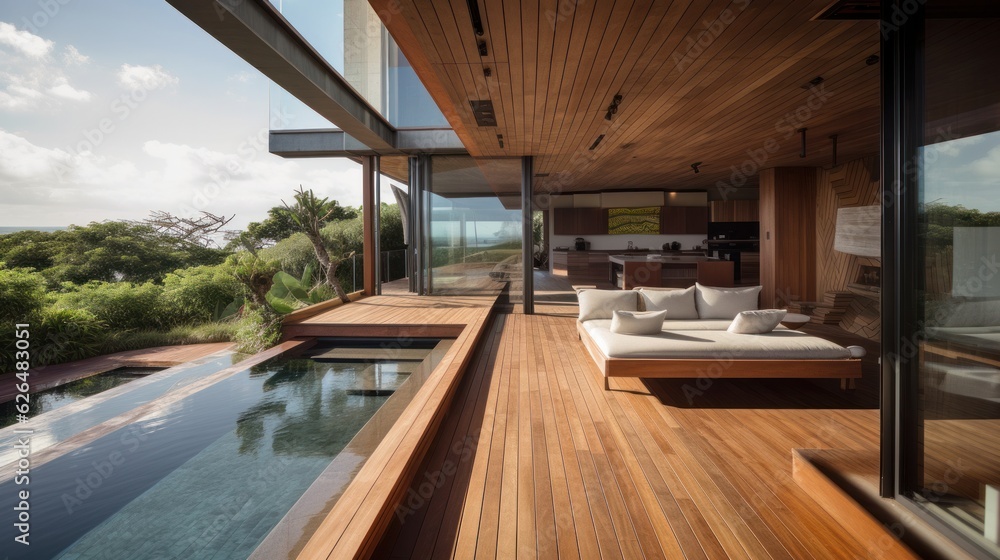 house villa resort open space interior design interior concept liing area and patio balcony connect to water pool and wooden deck cosy and natural touch feeling house beautiful ideas ,ai generate house villa resort open space interior design interior concept liing area and patio balcony connect to water pool and wooden deck cosy and natural touch feeling house beautiful ideas ,ai generate