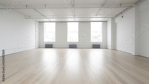 bright empty room hall with a large window and parquet, natural lighting.