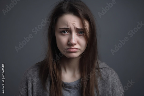 sad woman on grey background
