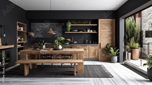 Wallpaper Mural scandinavian design dining room area home design ideas creative interior space with scandinavian deciration with wooden and nature loose furniture with feature colour wall accent,ai generate Torontodigital.ca