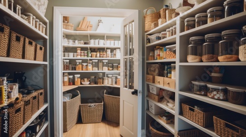 home storage area organize management home interior design pantry shelf and storage for store food and stuff in kitchen home design concept,ai generate