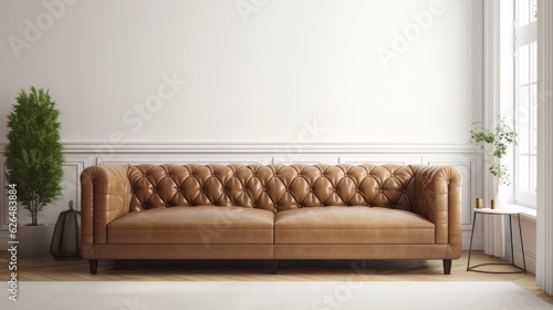 front view mock up room leather classic sofa with wall backdrop template interior room design background clean clear home space interior daylight,ai generate