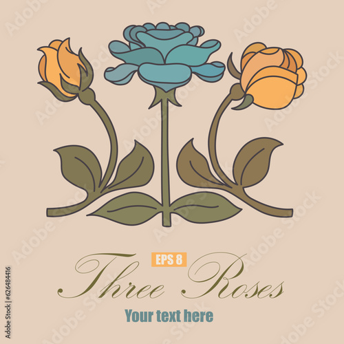 Vintage drawing of a roses with a frame for your text, postcard in retro art nouveau style