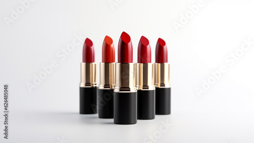 a group of red lipstick on a white background.