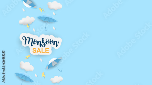 Monsoon season theme product display podium. Design with clouds and raining drops on blue sky background. vector.