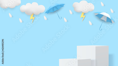 Monsoon season theme product display podium. Design with clouds and raining drops on blue sky background. vector.