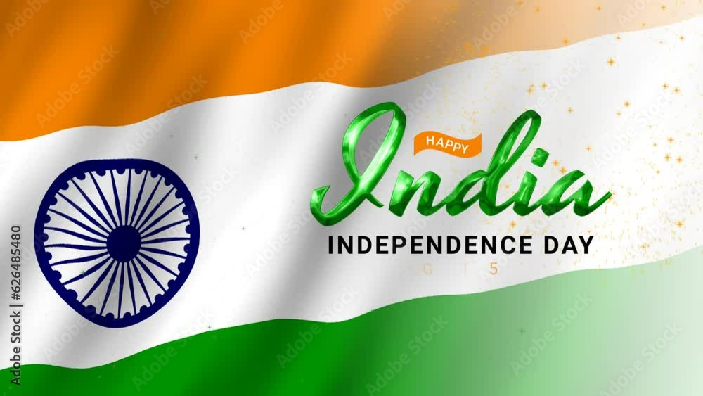 Happy India Independence Day greeting animation 2023, lettering text with waving flag background and fireworks splash, Happy Independence India concept, for banner, social media feed wallpaper stories