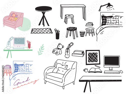 白黒、モノトーン、線画のイラスト(手書き、オシャレ、雑誌、ファッション、可愛い、インテリア、家具)
Illustrations in black and white, monotone, and line drawings.Handwriting, fashion, magazines, fashion, cuteness, interior decoration and furniture.