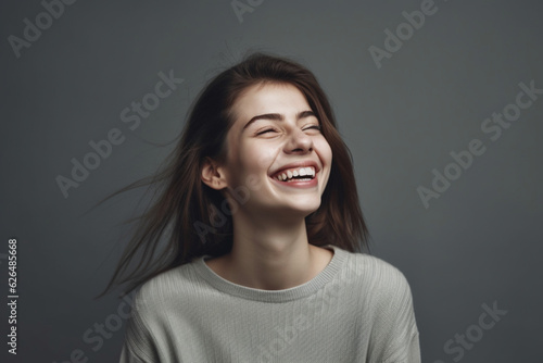 Happy woman on grey background © alisaaa