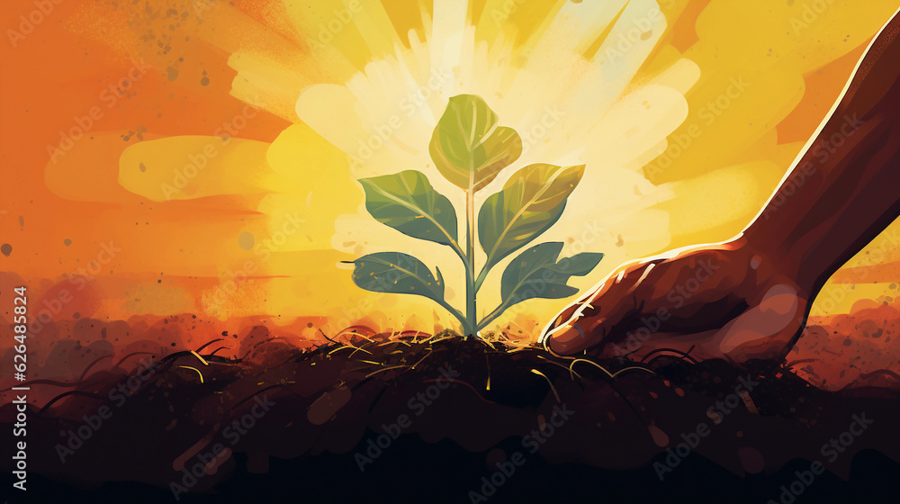 hands tenderly planting a seedling into fertile soil, imbued with