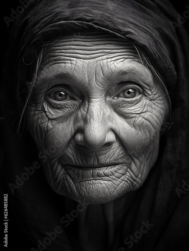 Closeup portrait of a wrinkled, elderly woman, her eyes telling a story of wisdom and experience. The image is in monochrome with deep blacks and whites