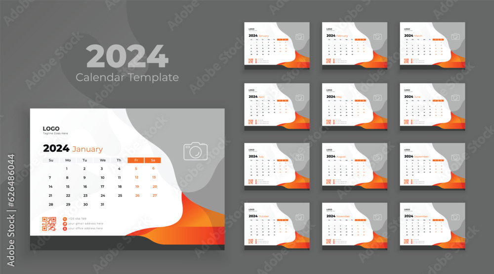 Desk Calendar Template 2024. Week start on Sunday. Minimalist desk calendar 2024 template, planner, Business template vector Desk Calendar Template 2024. Week start on Sunday. Minimalist desk calendar 2024 template, planner, Business template vector