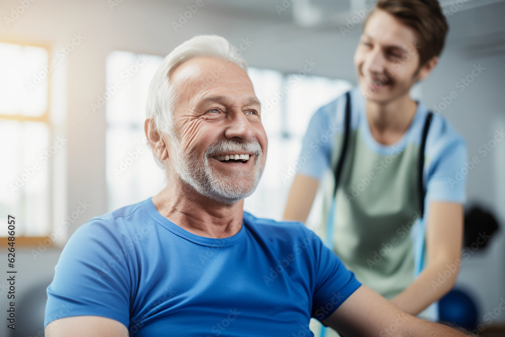 A healthcare worker assisting an elderly man with his daily exercises in a well - lit, clean physiotherapy center. The setting is minimalistic and the focus is on the patient's determined face A healthcare worker assisting an elderly man with his daily exercises in a well - lit, clean physiotherapy center. The setting is minimalistic and the focus is on the patient's determined face