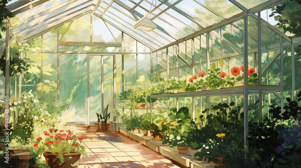 A digital painting of a modern greenhouse in a lush garden, filled with an array of different plants. Subtle sun rays filtering through glass panels, emphasizing sustainable agriculture. Soft, pastel 