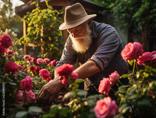A senior man in his garden, bending down to tend to his beloved roses. The image captures his concentration and joy for his hobby, the blooming flowers vibrant and alive © Marco Attano