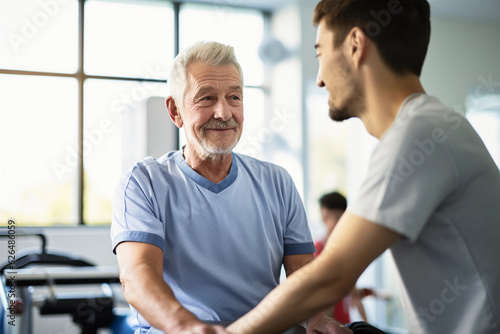 A healthcare worker assisting an elderly man with his daily exercises in a well - lit, clean physiotherapy center. The setting is minimalistic and the focus is on the patient's determined face