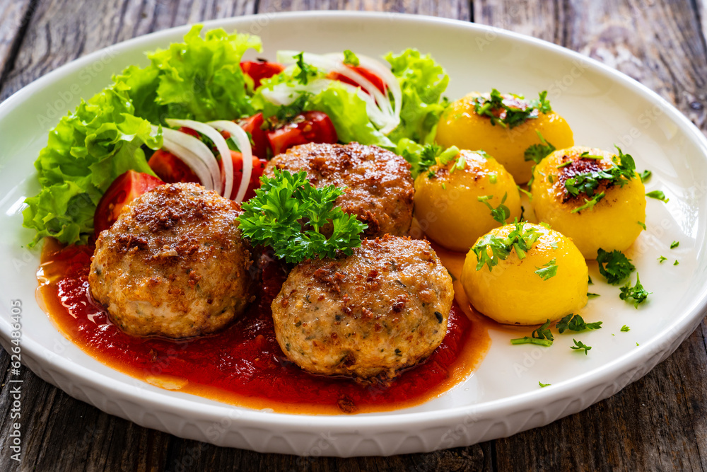 Seared pork meatballs in tomato sauce with fried potatoes  and fresh vegetables on wooden table
