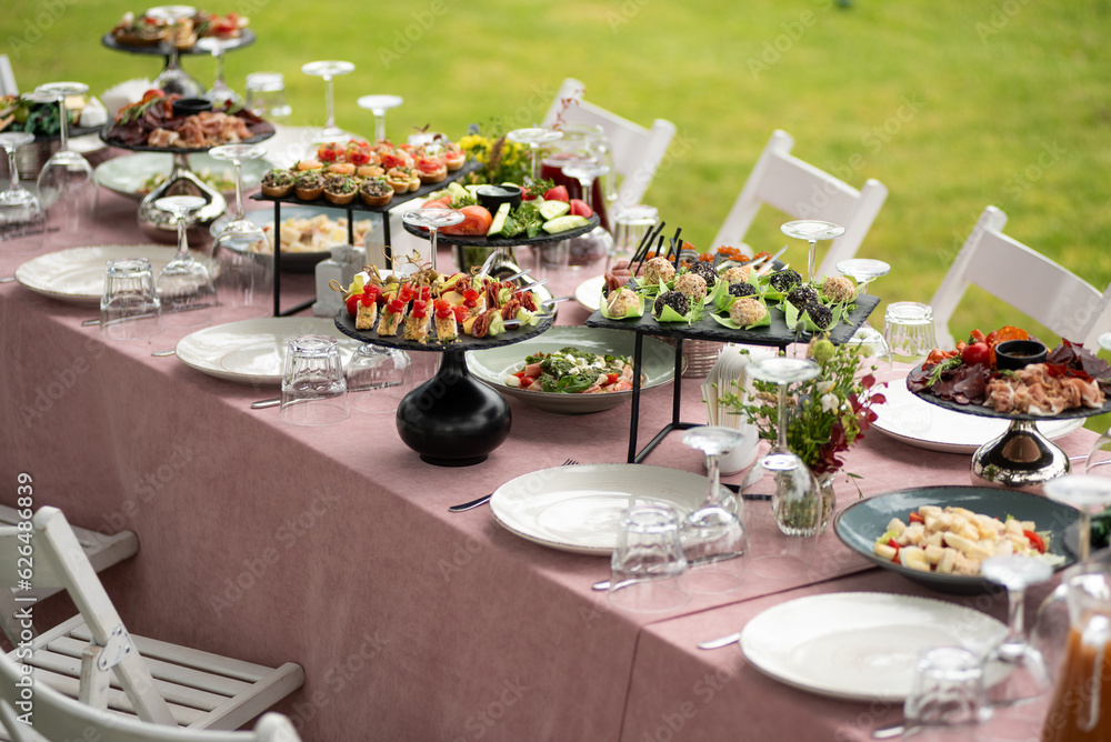 Wedding decorations trends. Wedding table with snack and drink