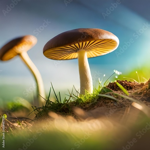 Mushrooms that grow wild in the ground naturally with bright light, great for backgrounds, business, websites, blogs, advertisements, social media, designs etc. The concept of generative Ai