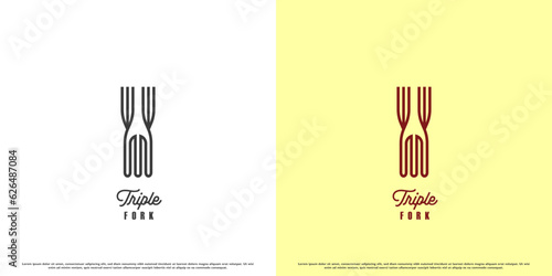 3 forks logo design illustration. Simple line art silhouette of 3 forks geometric cutlery monogram home kitchen furniture. Suitable for housewife kitchen dining furniture business symbol object icon.