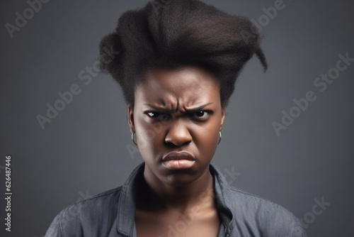 Angry african woman on grey background
