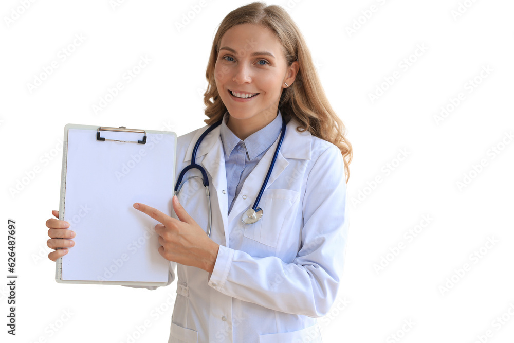 Happy smiling female doctor in white uniform coat and stethoscope. Happy smiling female doctor in white uniform coat and stethoscope.
